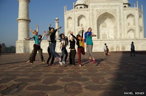From left, students Meghan Whyte, Stephanie Latella, Emily Cordeaux, Anne Dagenais, Ariadne Woodward, Natalie Hagn, Julie Matson, Jesara Sinclair visit the Taj Mahal in Agra, India, during their weekend off.